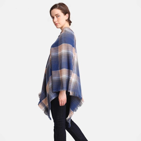 Blue White Multicolor Plaid Poncho - Picture 3 of 5